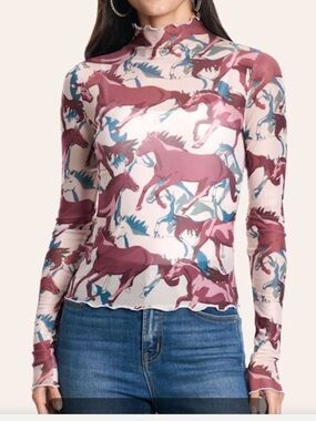 Horse-Print Long Sleeve Mesh Top in Pink and White